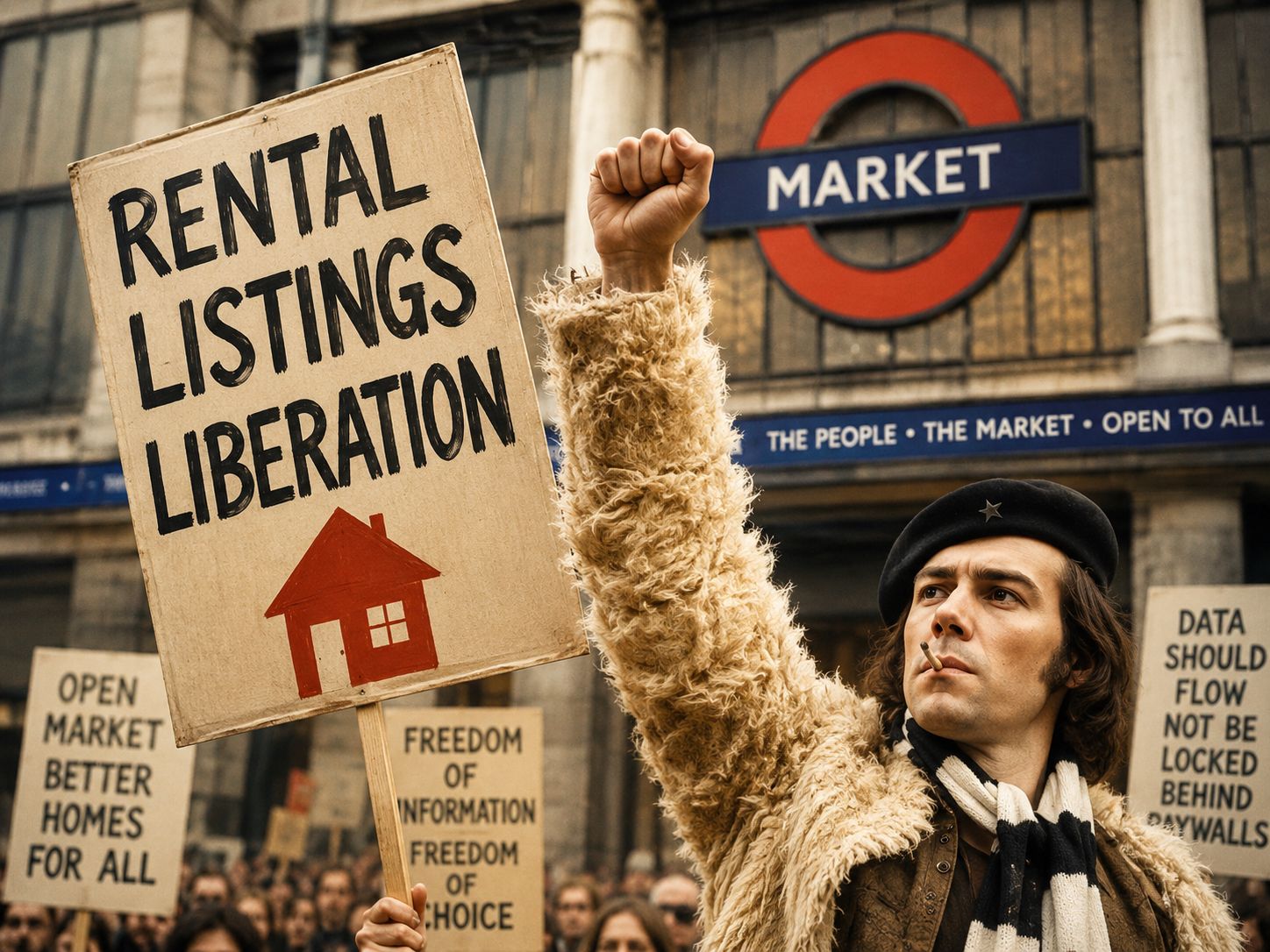A Rental Listings Liberation protest: a raised fist and a placard with a red house, in front of a MARKET sign reading The People, The Market, Open to All